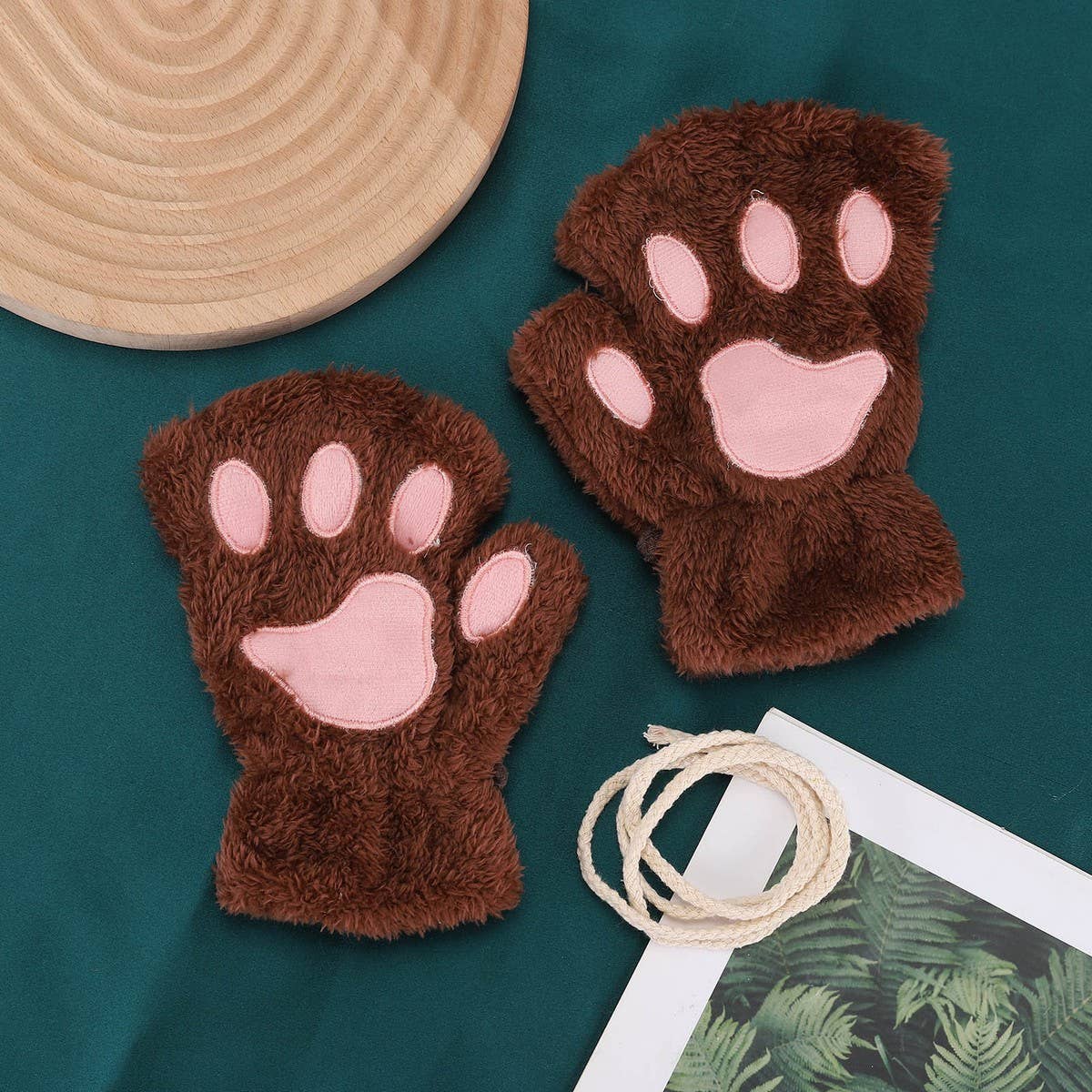 CARTOON CAT PAW BEAR PAW PLUSH HALF FINGER GLOVES_CWAG0175: ROSE / (OS) 2