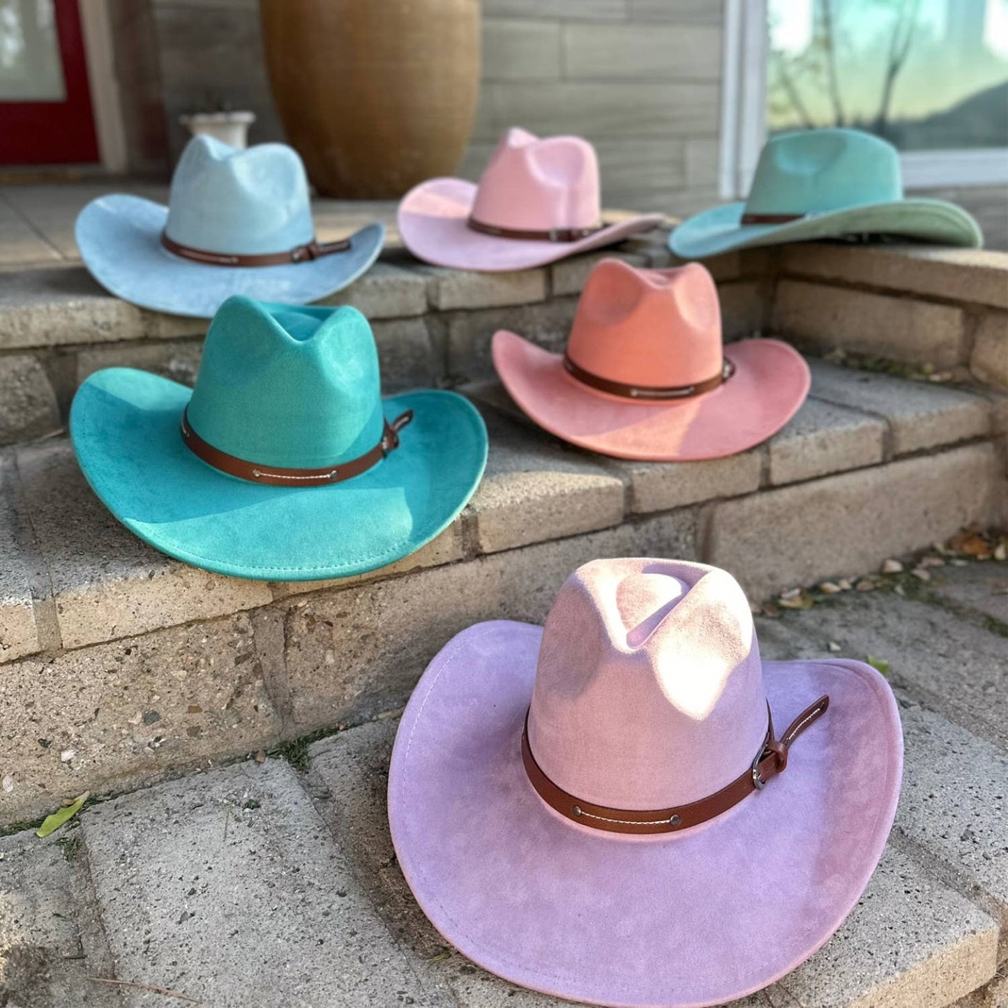 Vegan Suede Cowboy hat stiff Brim W/ Leather  Belt: IVORY / ONE SIZE