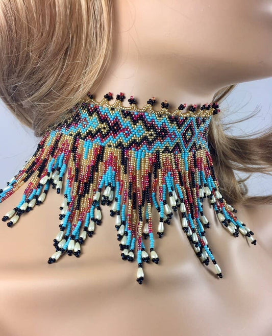 Handmade Cyan Blue, Red Statement Choker Necklace