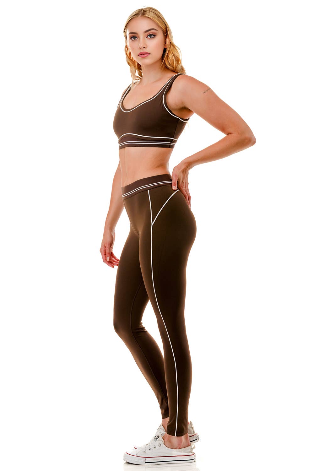 Premium sports bra with matching white trim line legging set: Black