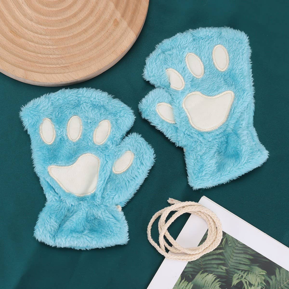 CARTOON CAT PAW BEAR PAW PLUSH HALF FINGER GLOVES_CWAG0175: Black / (OS) 2