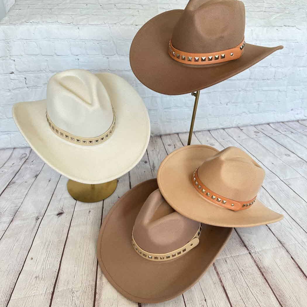 Vegan Cattlemen Cowboy Hat with Embellishments leather Belt: IVORY / ONE SIZE