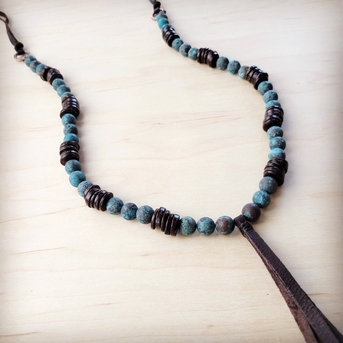 **Natural American Turq Necklace w/ Wood Beads & Tassel