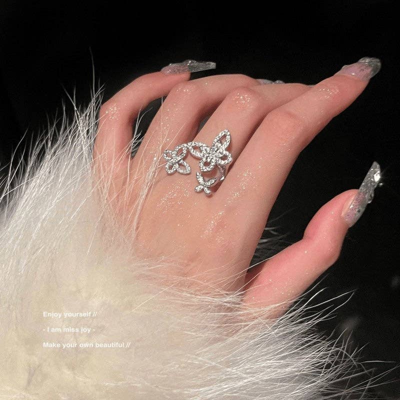Refined Crystal Butterfly Ring: Silver-Tone / Triple Butterfly Ring / Adjustable