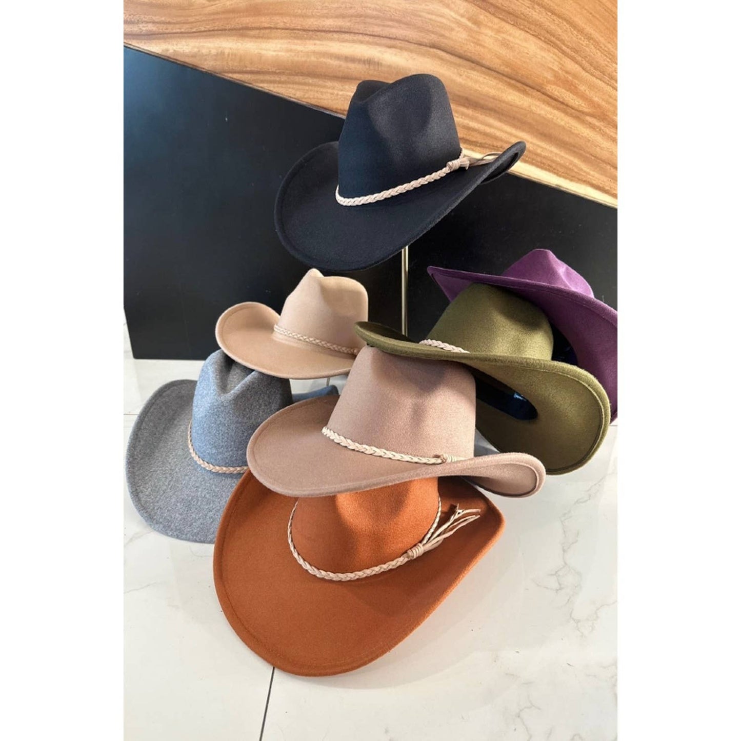 VEGAN FELT COWBOY HAT with Suede Belt: OLIVE / ONE SIZE