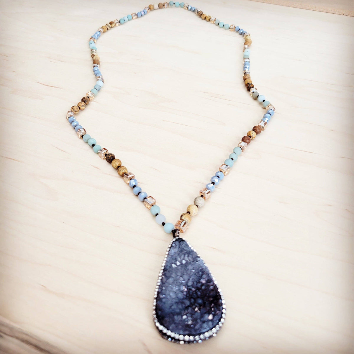 **Amazonite Long Beaded Necklace w/ Druzy Pendant 262u