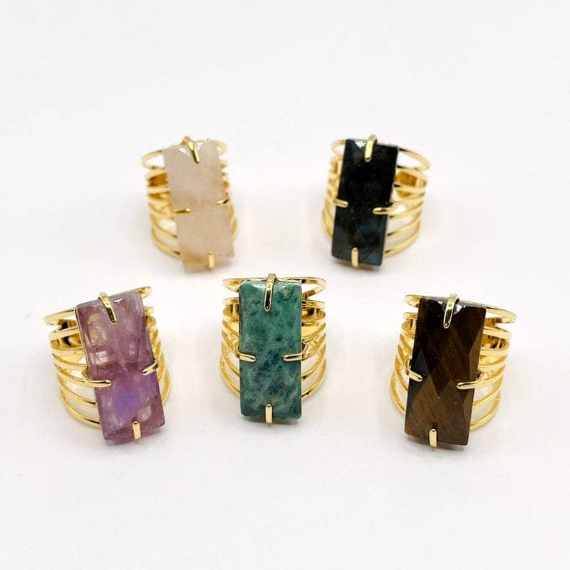 Crystal Rectangle Gemstone Gold-Plated Cigar Ring: C - Amethyst