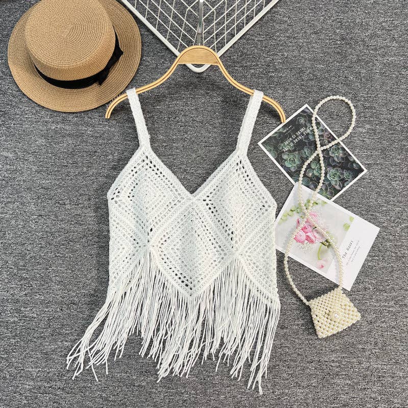 Checkered Bohemian Tassel Camisole: BLACK