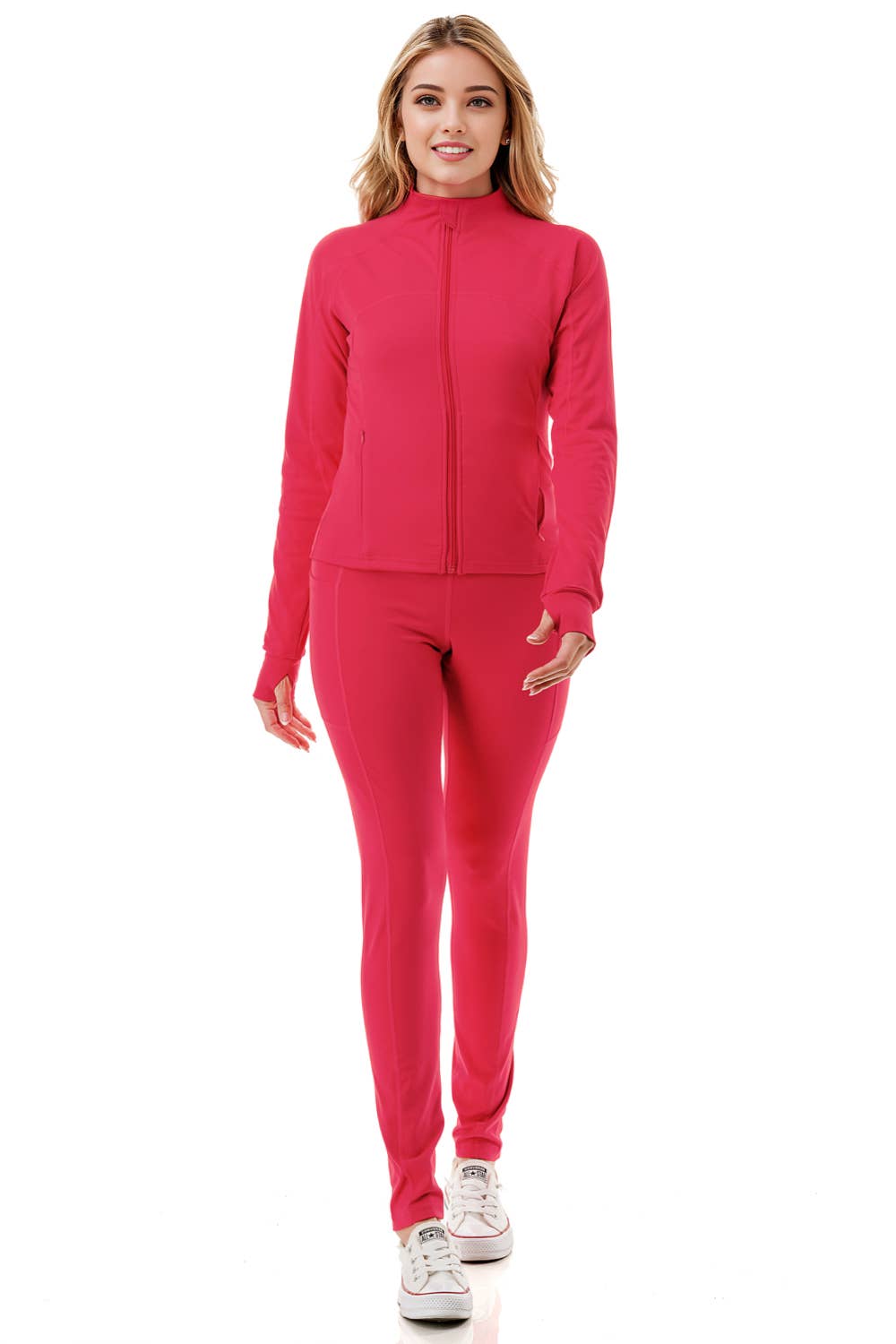 Solid color activewear define jacket with yoga legging set  : Black