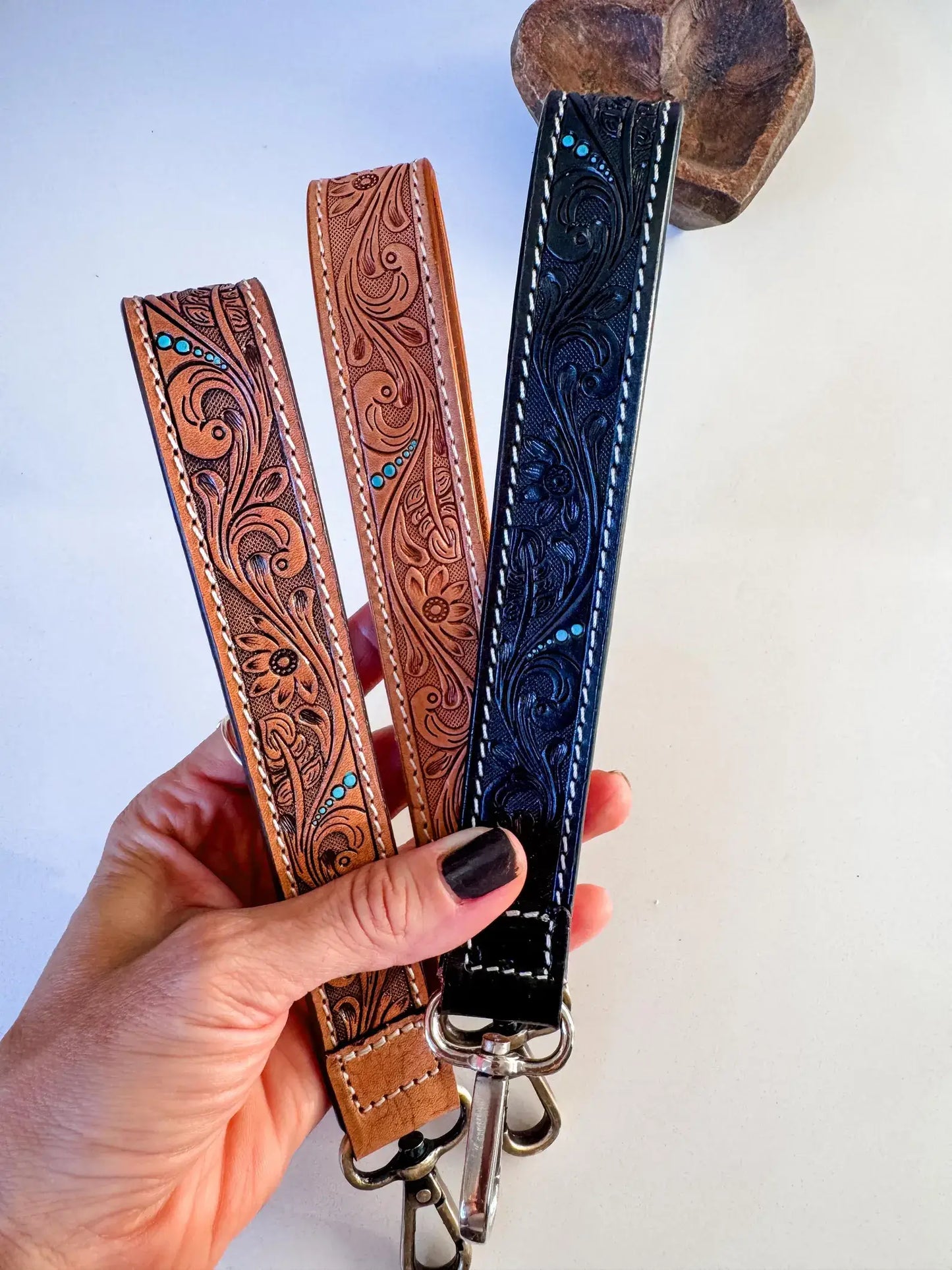 Hand Tooled Leather Keychain - Key Fob: SKINNY - BROWN