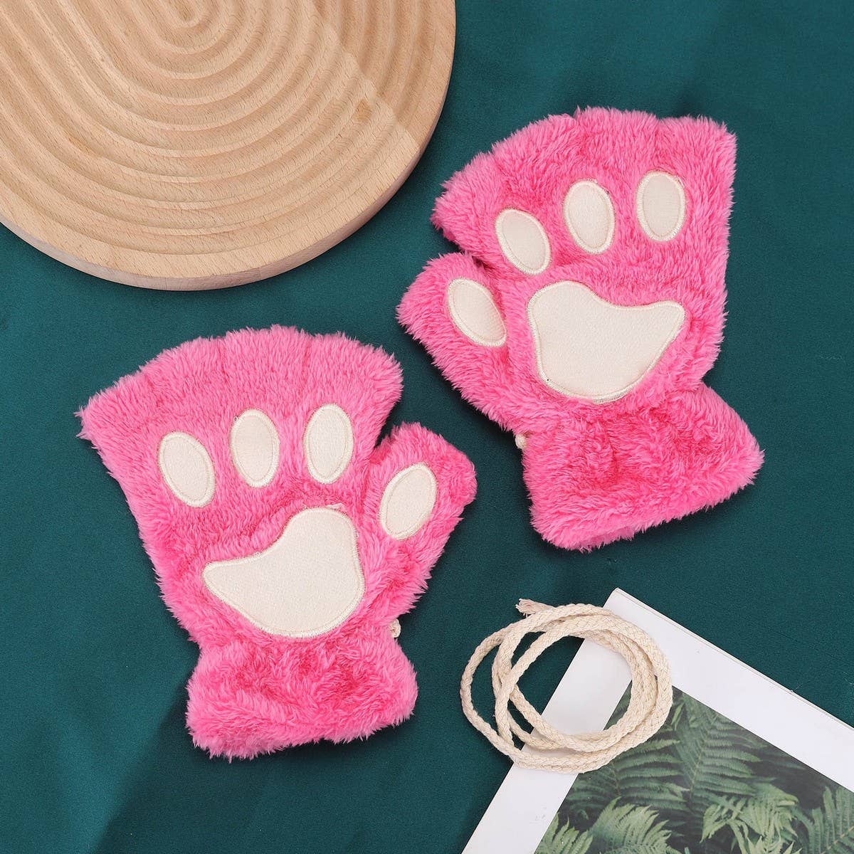 CARTOON CAT PAW BEAR PAW PLUSH HALF FINGER GLOVES_CWAG0175: ROSE / (OS) 2