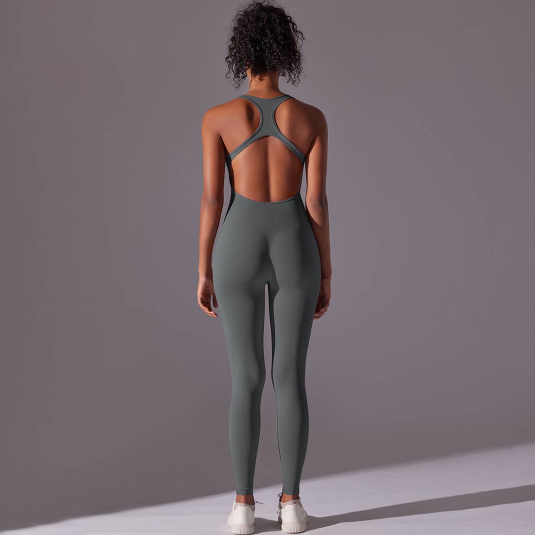 Women Seamless Women's I-Back Tight Yoga Sport Jumpsuit: Gray / M