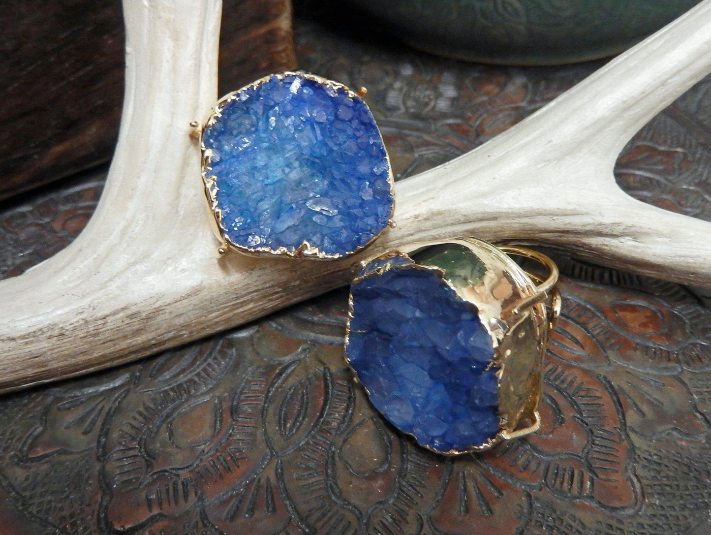 Druzy Ring - Adjustable Size - Stone Edged in Electroplated in 24k Gold or Silver: Silver / Dark