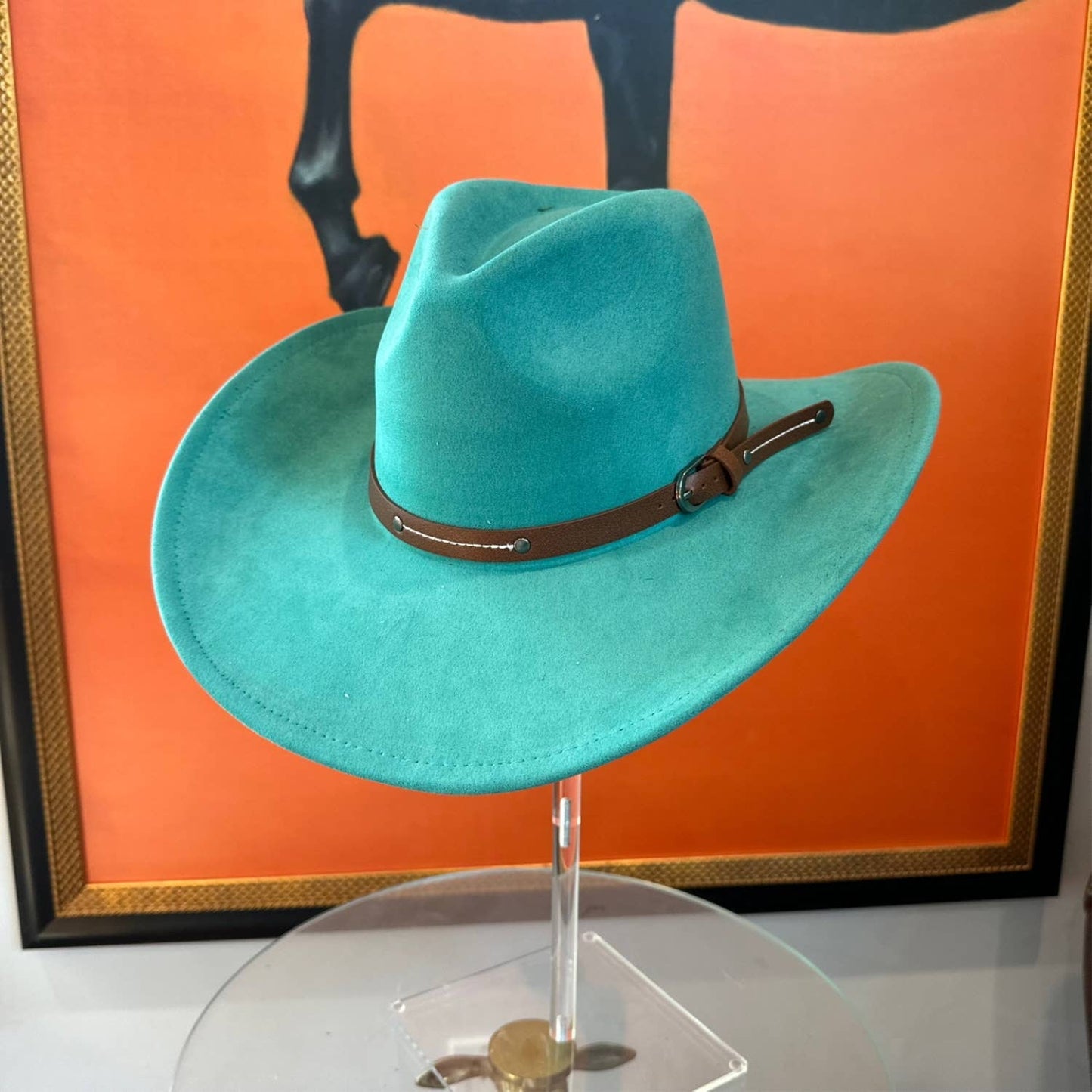 Vegan Suede Cowboy hat stiff Brim W/ Leather  Belt: TEAL / ONE SIZE