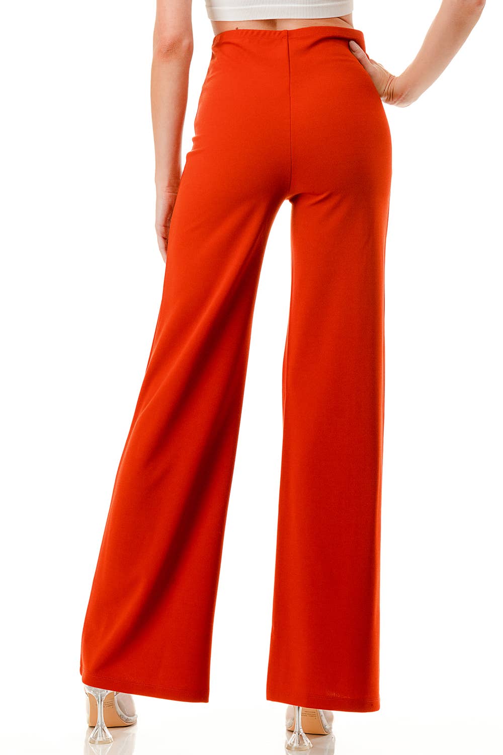 Solid color wide leg high waist dressy pants with trim line: Rust