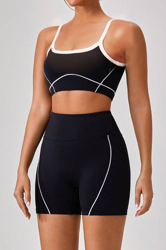 Premium active wear white contrast crop top with shorts set: Black