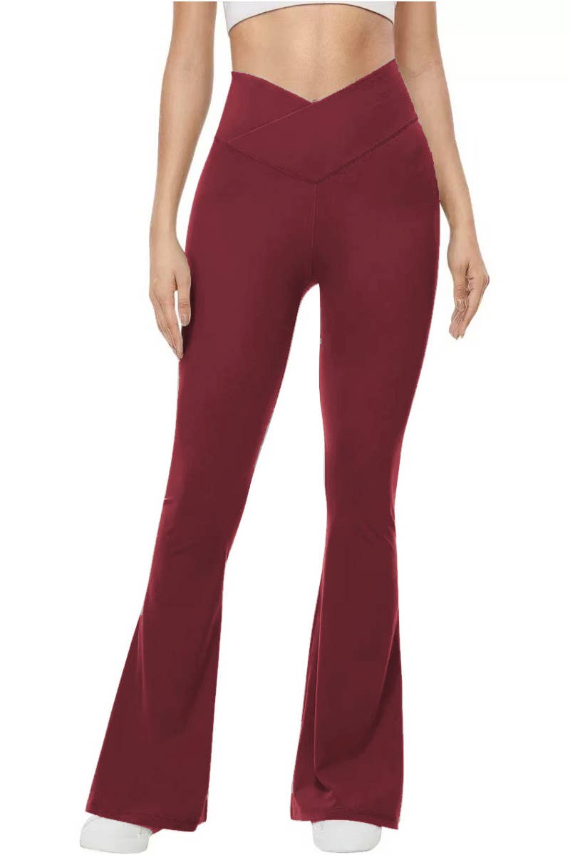 Cross waist band flare yoga legging faja waist body shaper: Burgundy