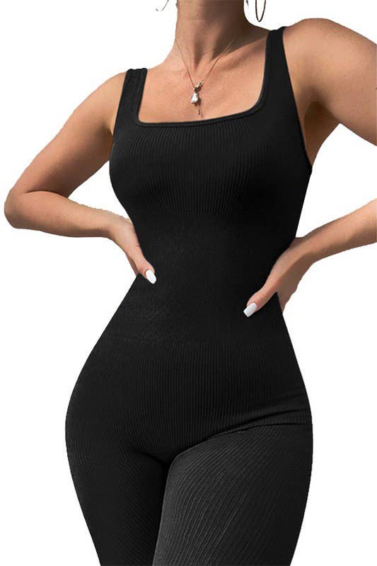 Solid black color seamless ribbed fitted style body jumpsuit: Black