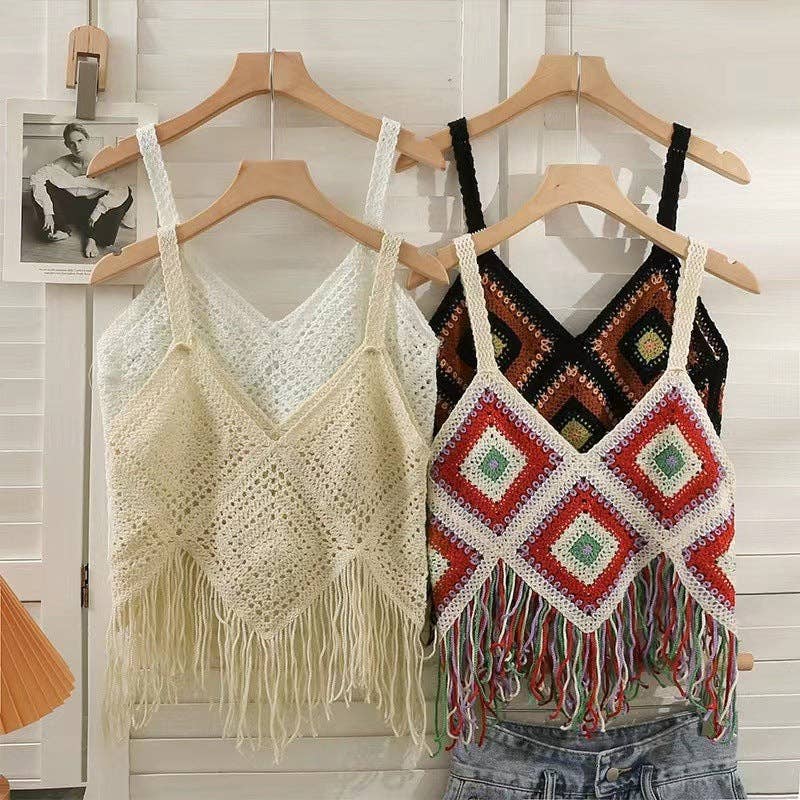 Checkered Bohemian Tassel Camisole: BLACK