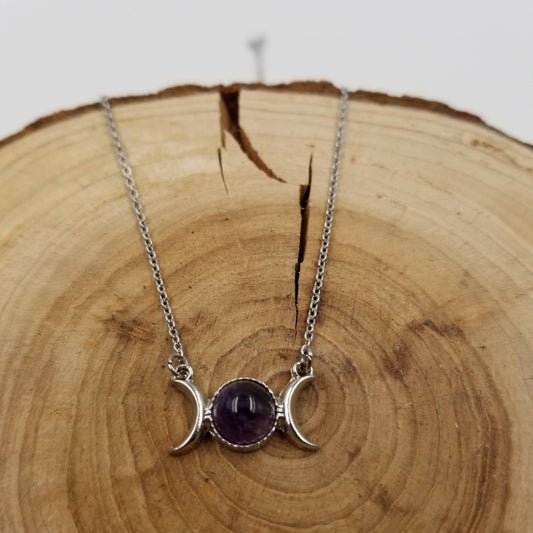 Natural Stone Double Moon Guardian Stone Necklace: Purple