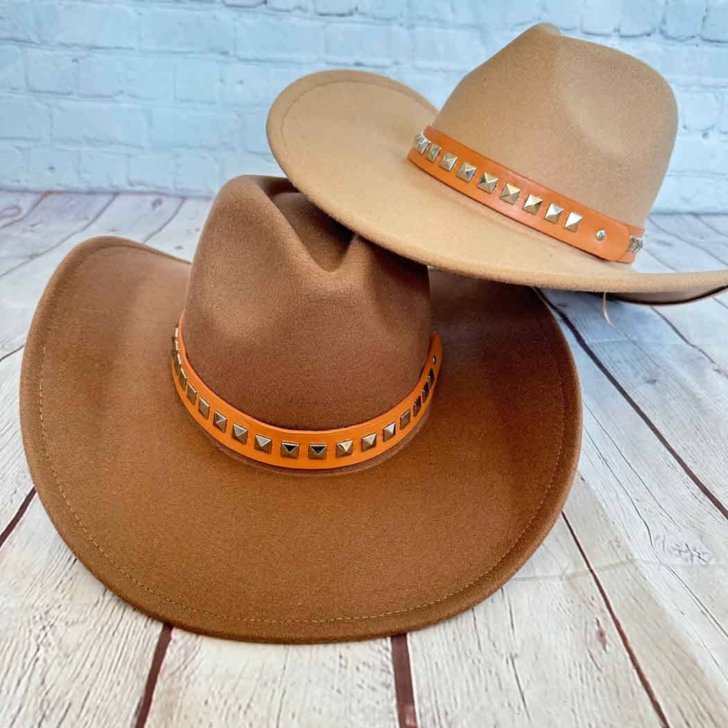 Vegan Cattlemen Cowboy Hat with Embellishments leather Belt: RUST / ONE SIZE