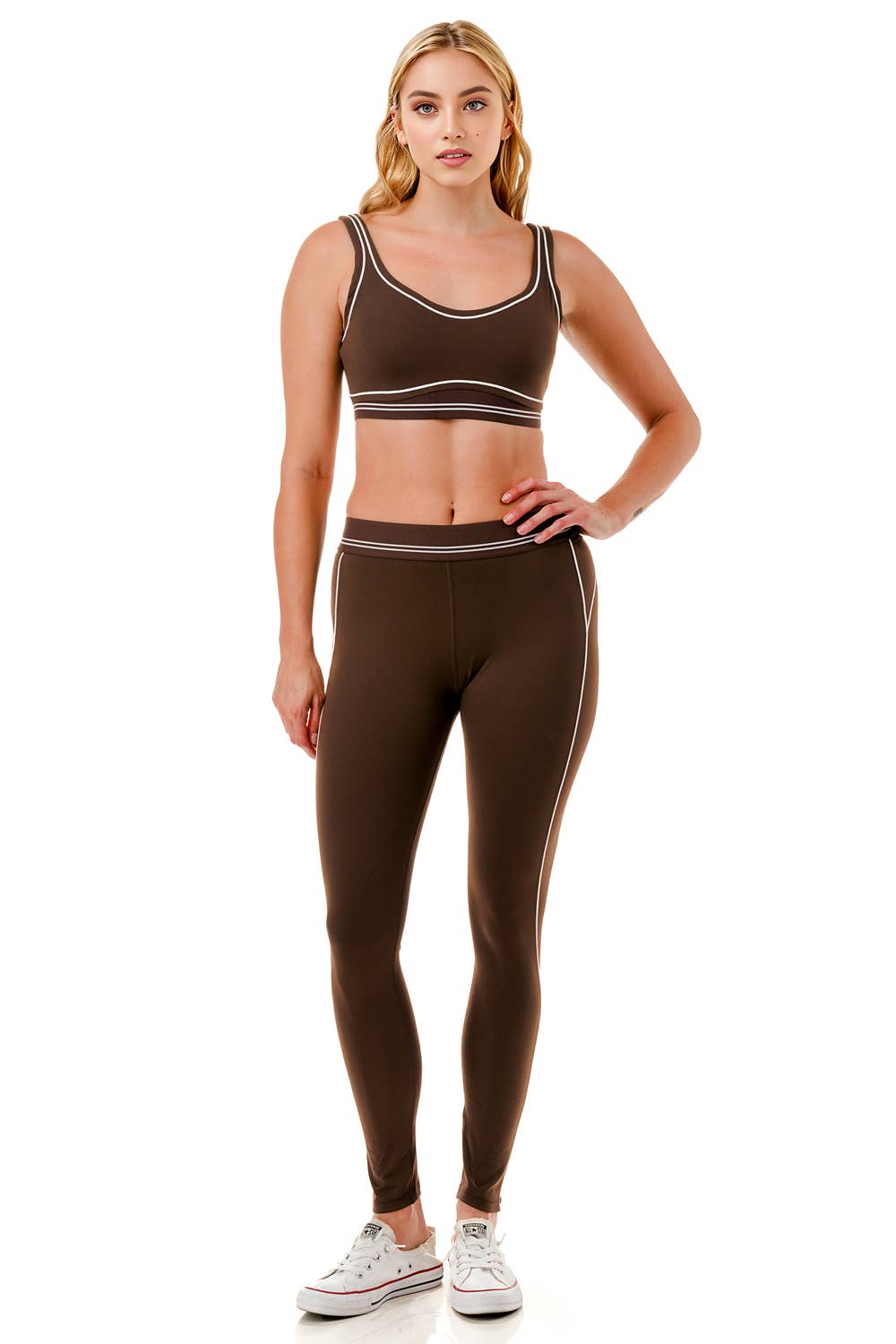 Premium sports bra with matching white trim line legging set: Black