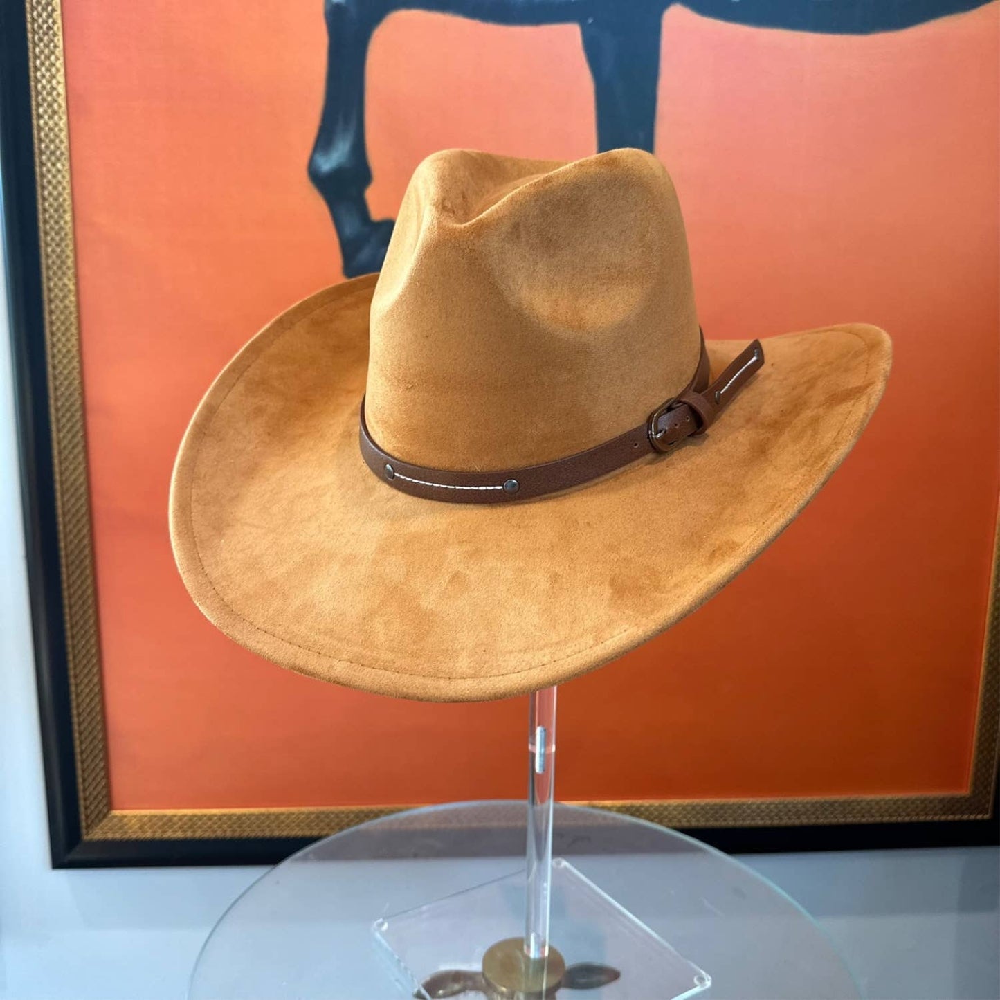 Vegan Suede Cowboy hat stiff Brim W/ Leather  Belt: OLIVE / ONE SIZE