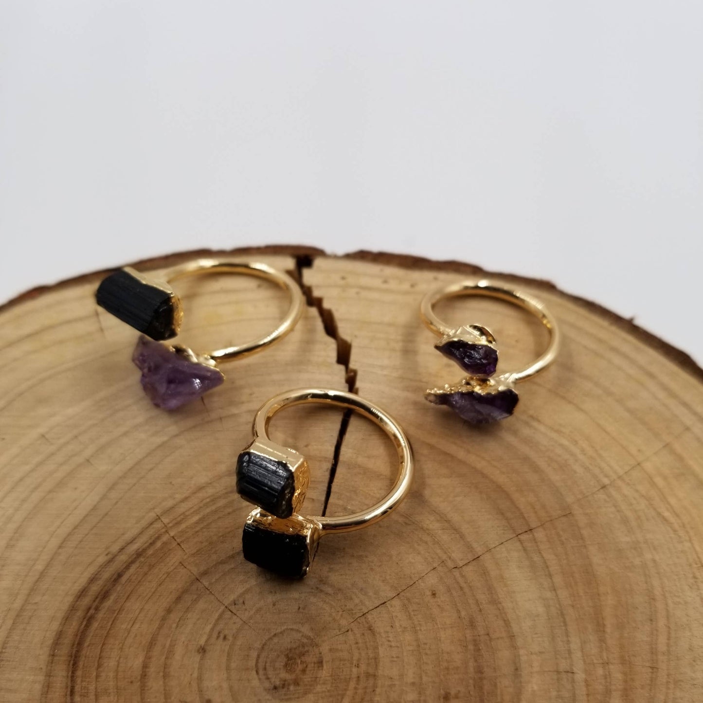 Natural Black Tourmaline Amethyst Adjustable Ring: Black