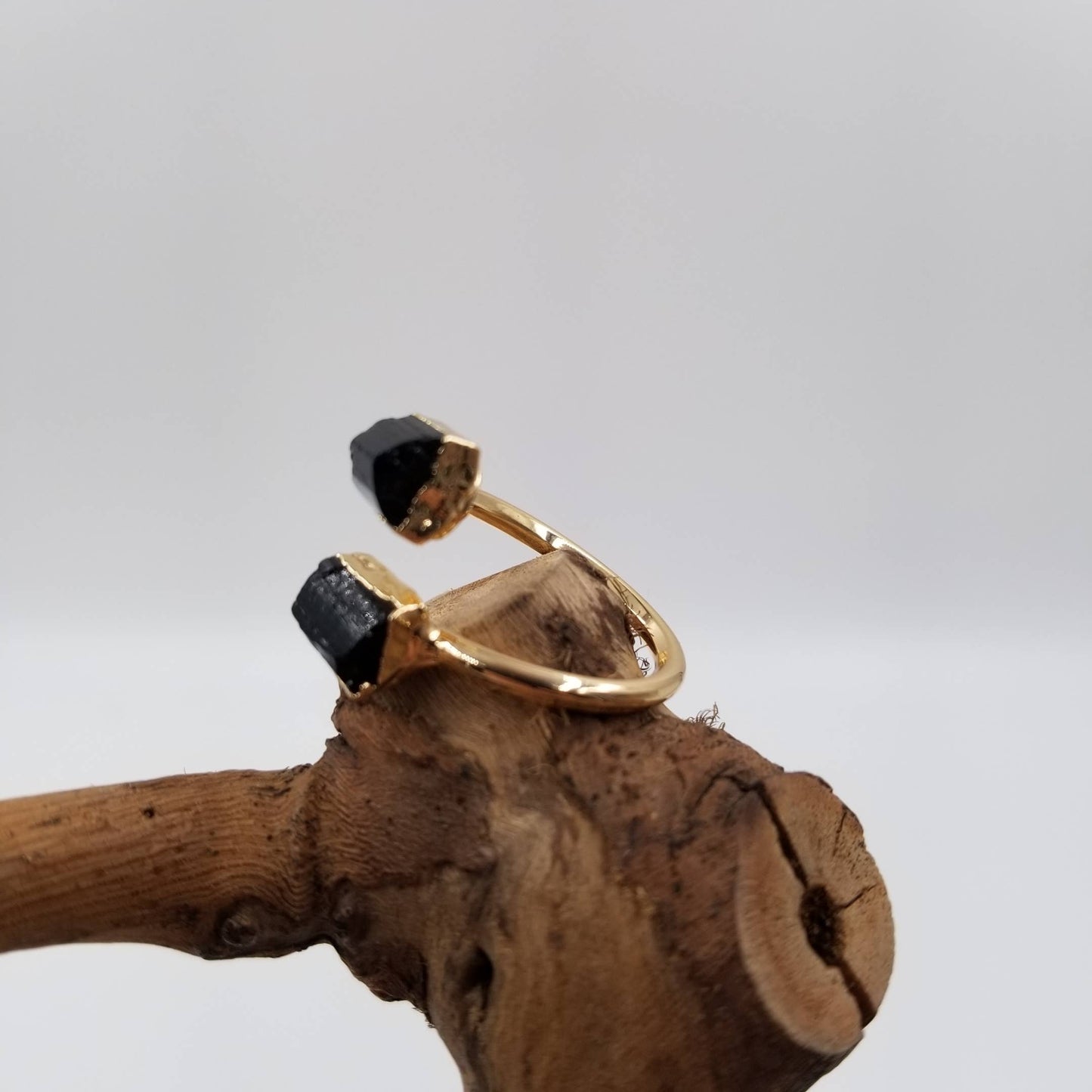 Natural Black Tourmaline Amethyst Adjustable Ring: Black
