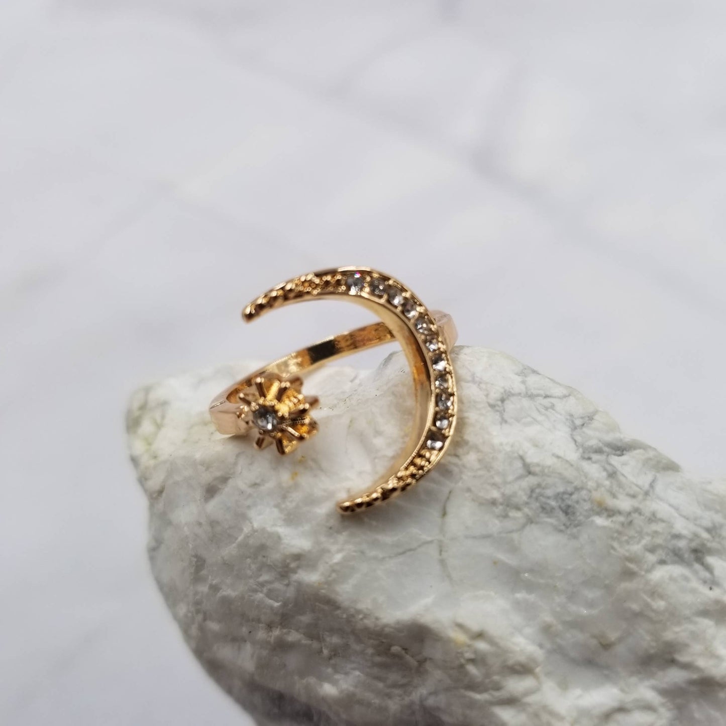 Crystal Moon and Stars Open Ring: Gold