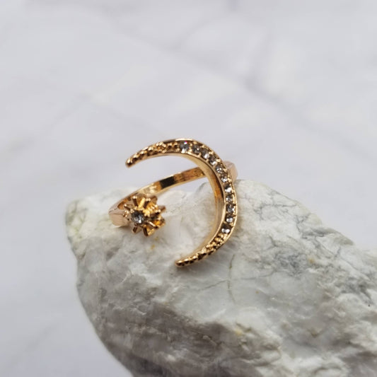 Crystal Moon and Stars Open Ring: Gold
