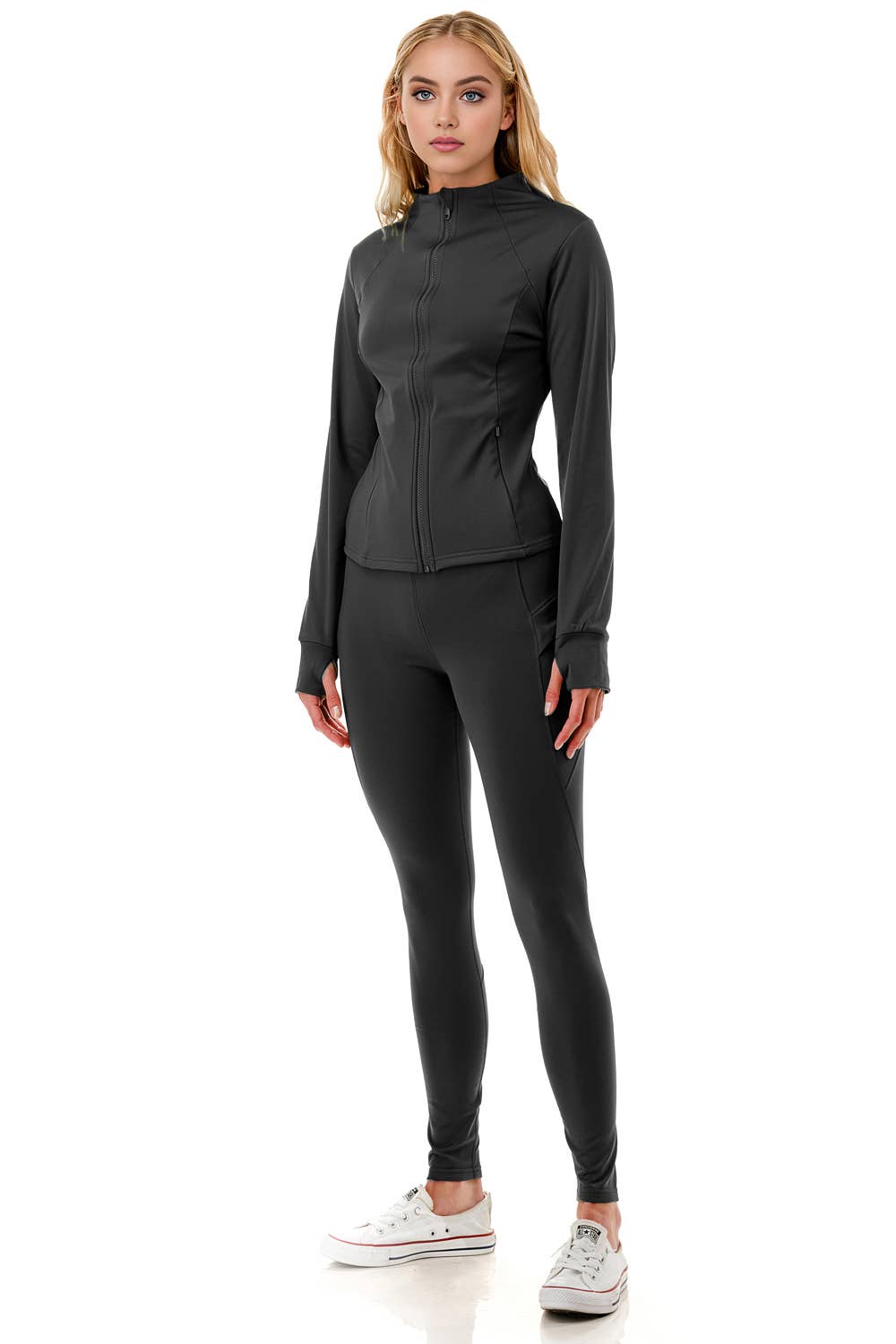 Fleece lined activewear define jacket with legging yoga set: Black