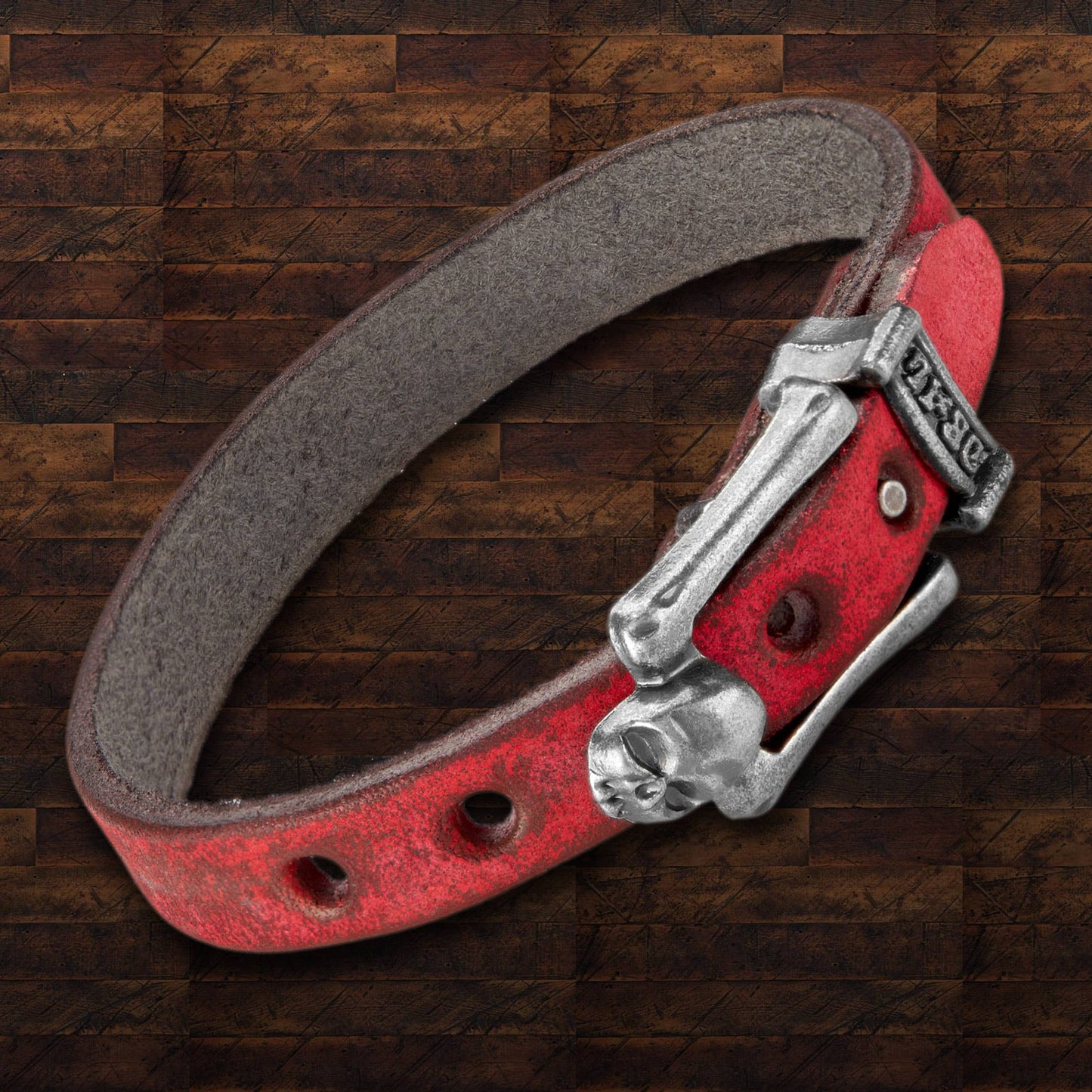 Men's Leather Skull Buckle Bracelet: Red