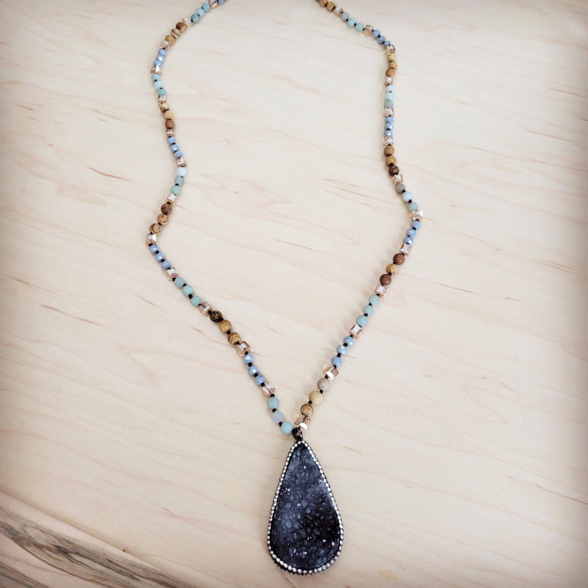 **Amazonite Long Beaded Necklace w/ Druzy Pendant 262u