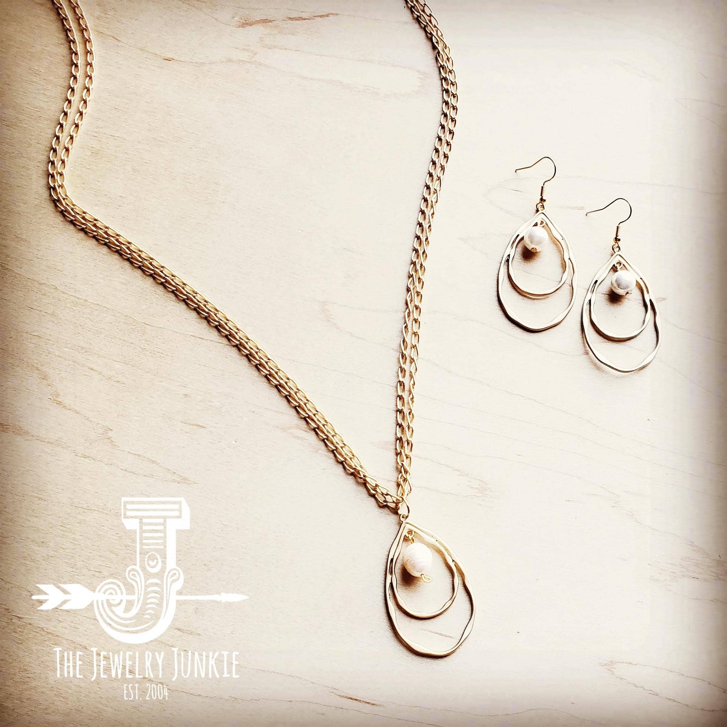 Matte Gold Double Hoop Earrings with Pearl Dangle 203t