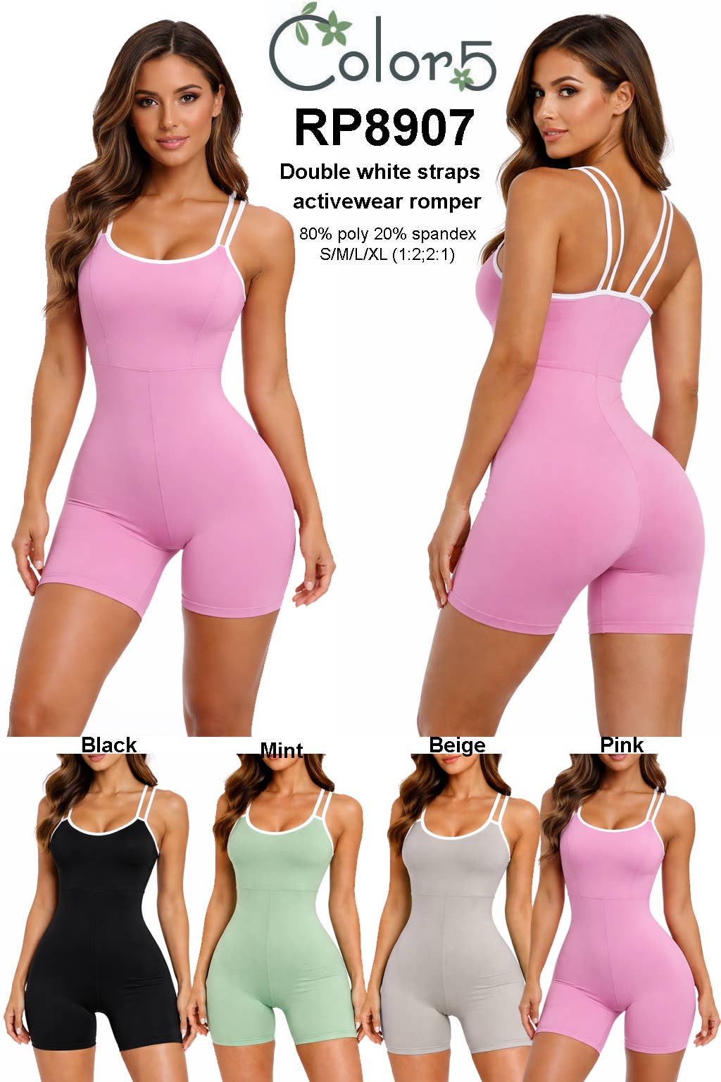 White contrast double spaghetti straps active wear romper  : Black