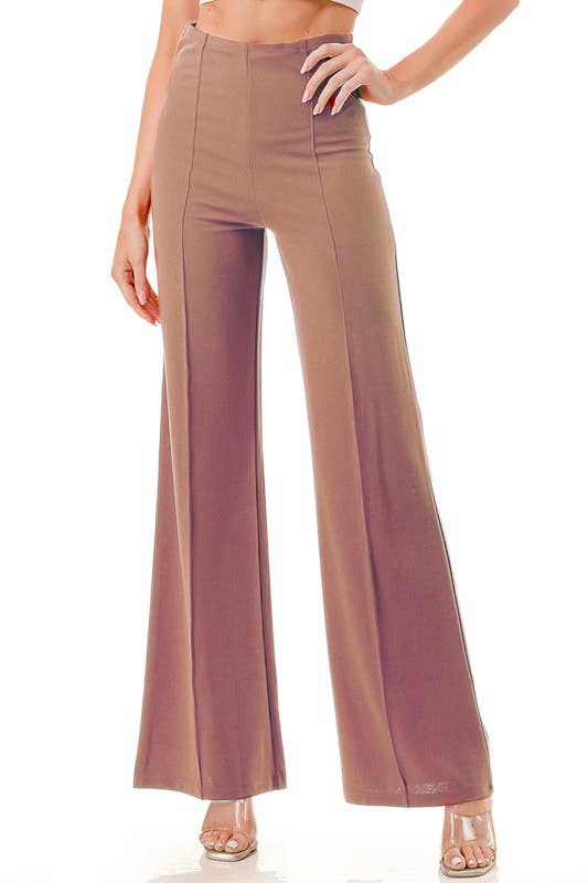 Solid color wide leg high waist dressy pants with trim line: Rust