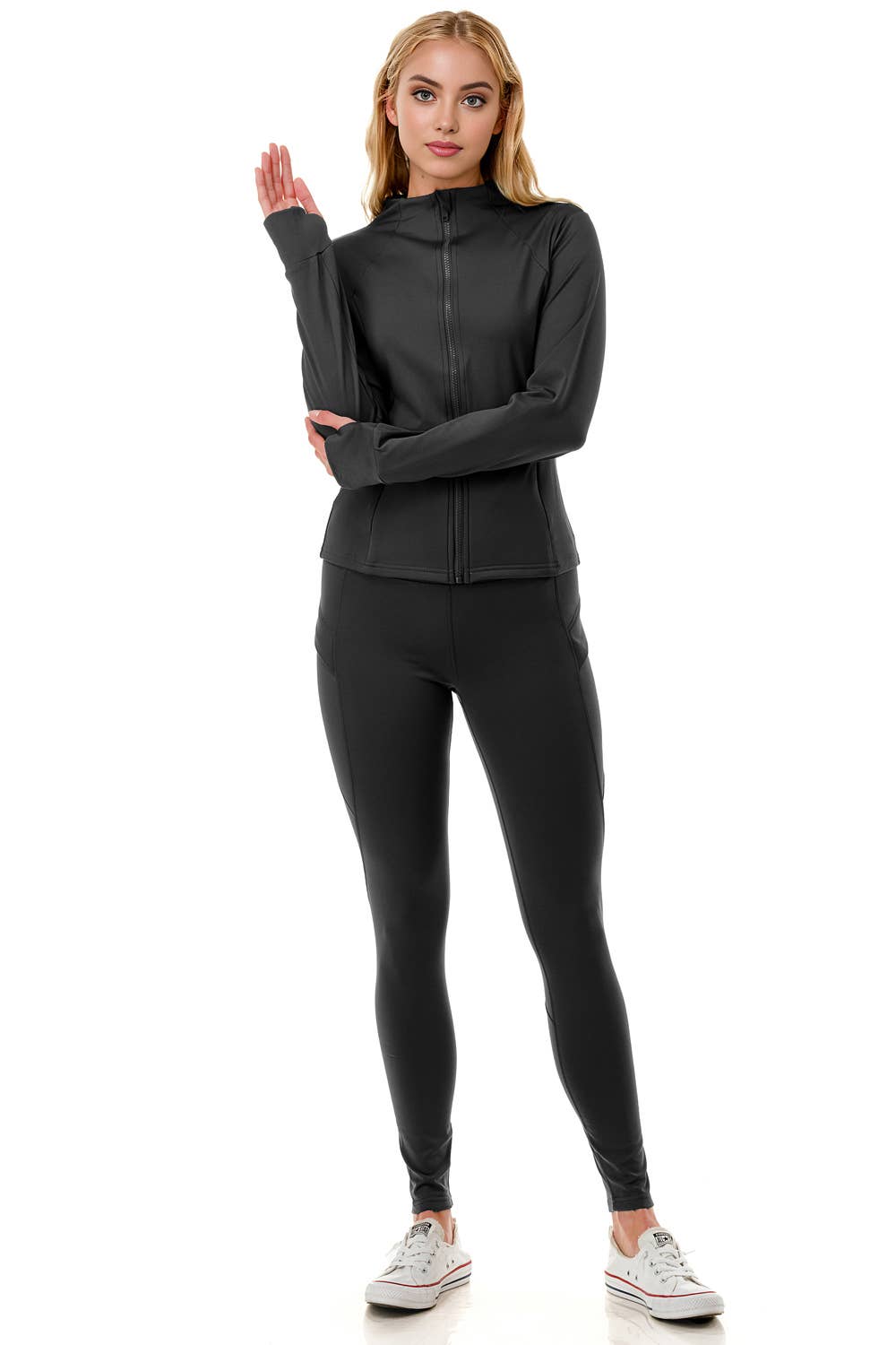 Fleece lined activewear define jacket with legging yoga set: Black