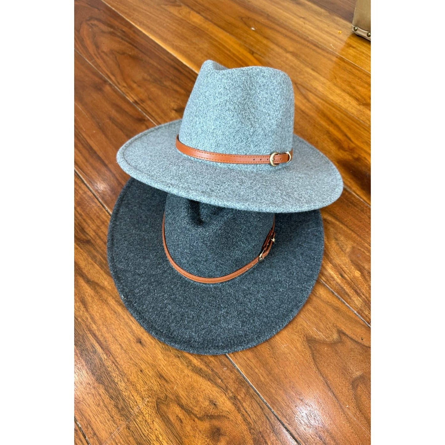 Wide Brim Fedora Hat With leather Belt: CHARCOAL / ONE SIZE