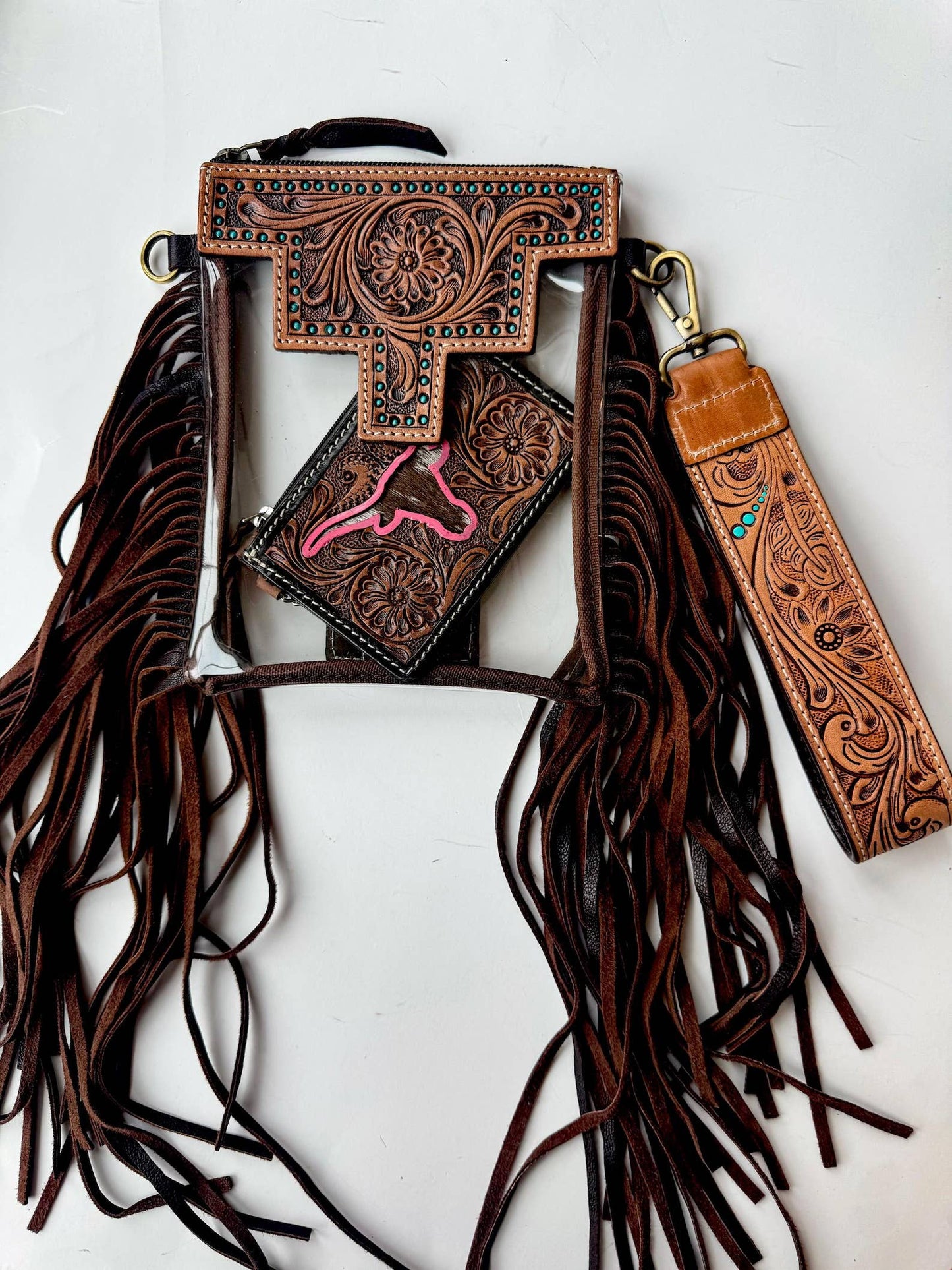 Hand Tooled Leather Keychain - Key Fob: SKINNY - TAN