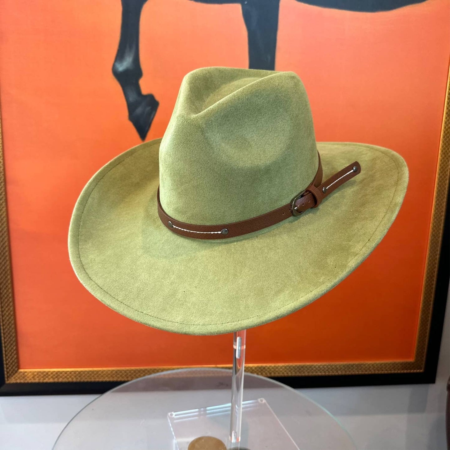 Vegan Suede Cowboy hat stiff Brim W/ Leather  Belt: IVORY / ONE SIZE