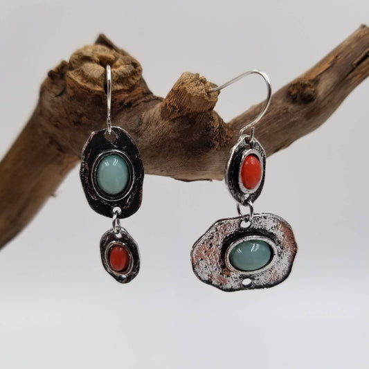 Vintage Silver Natural Stone Asymmetric Earrings