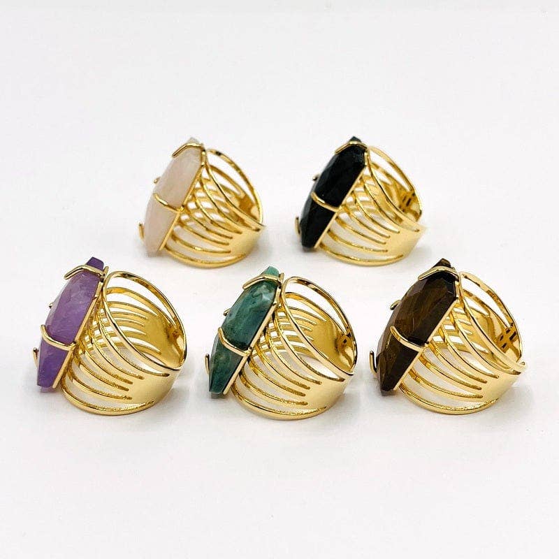 Crystal Rectangle Gemstone Gold-Plated Cigar Ring: C - Amethyst