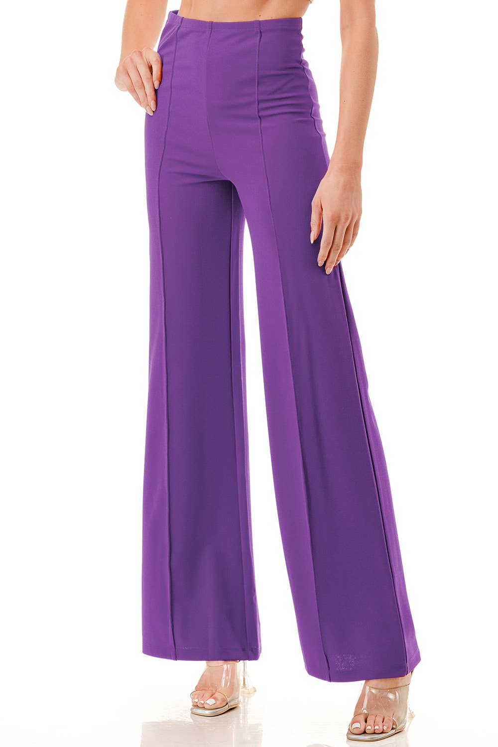 Solid color wide leg high waist dressy pants with trim line: Rust