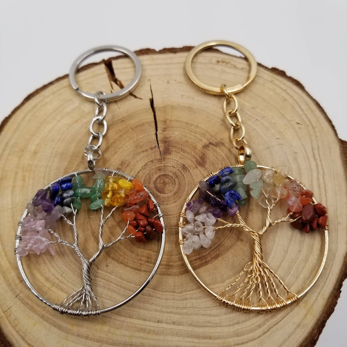 Natural Crushed Stone Crystal Life Tree Keychain: Gold