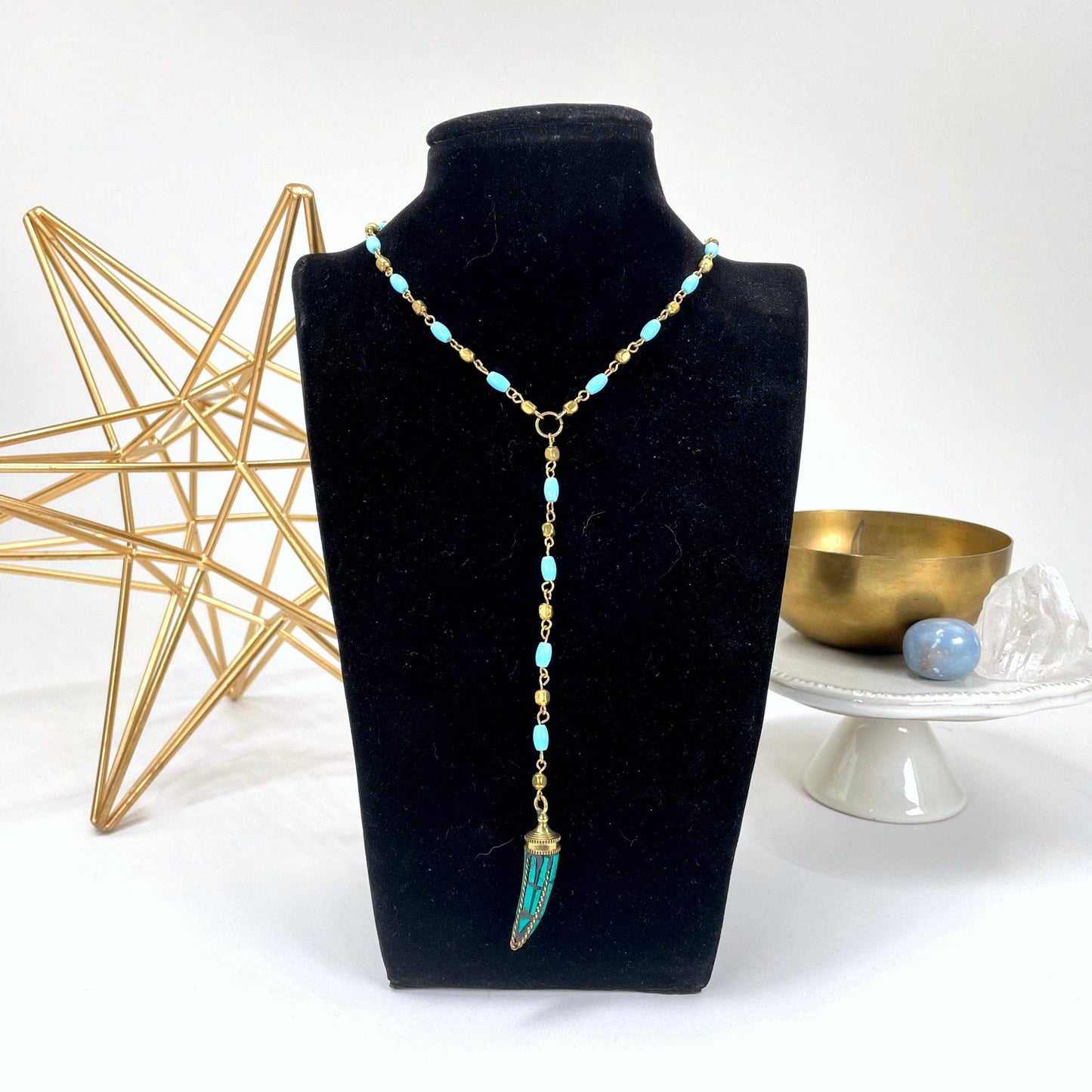 Crystal Beaded Necklace with Turquoise Horn Pendant
