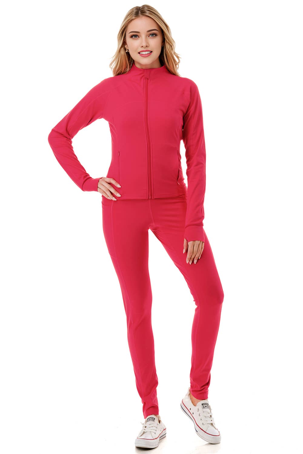 Solid color activewear define jacket with yoga legging set  : Black