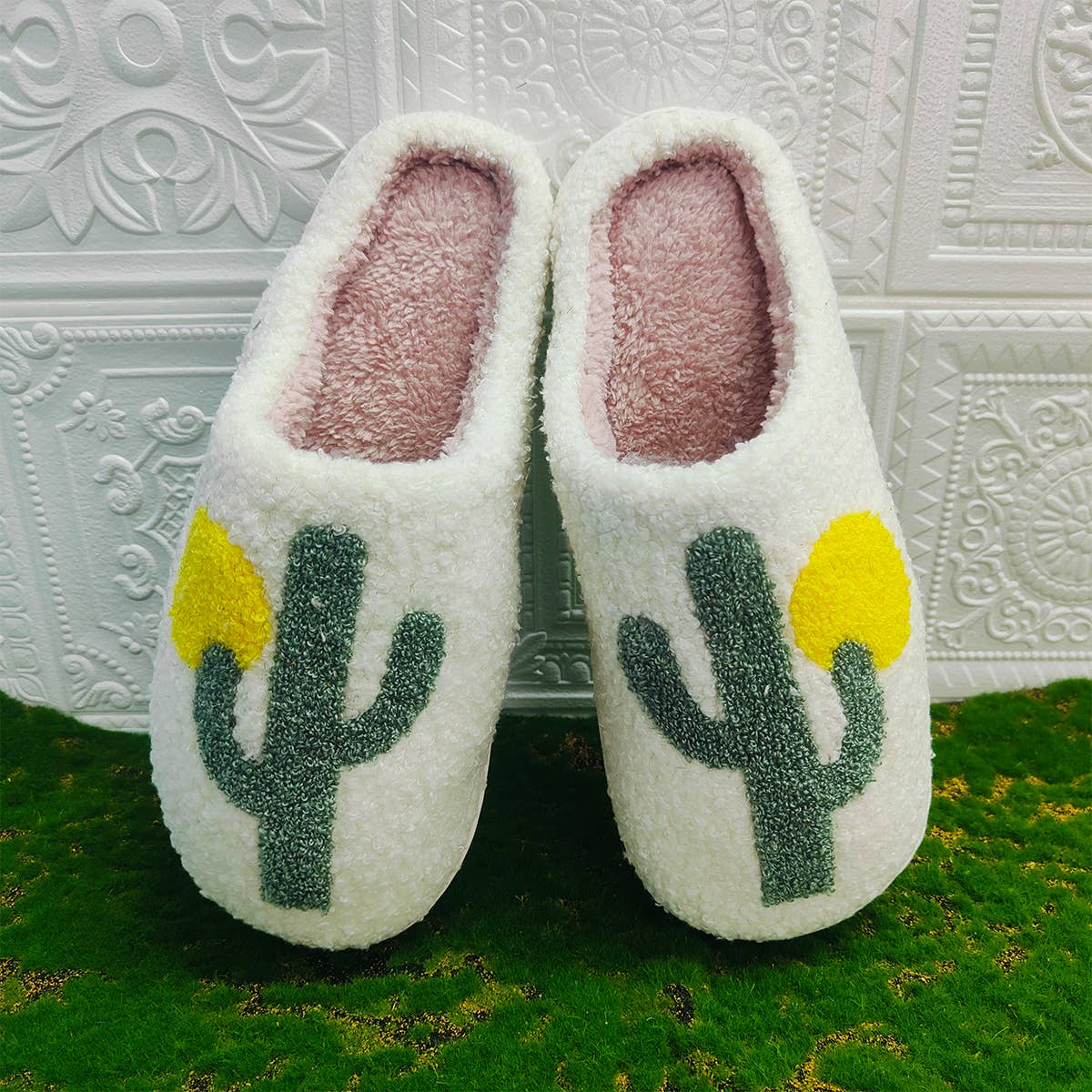 CACTUS PATTERN WARM COTTON SLIPPERS_CWSHS0285: White / (7) 1