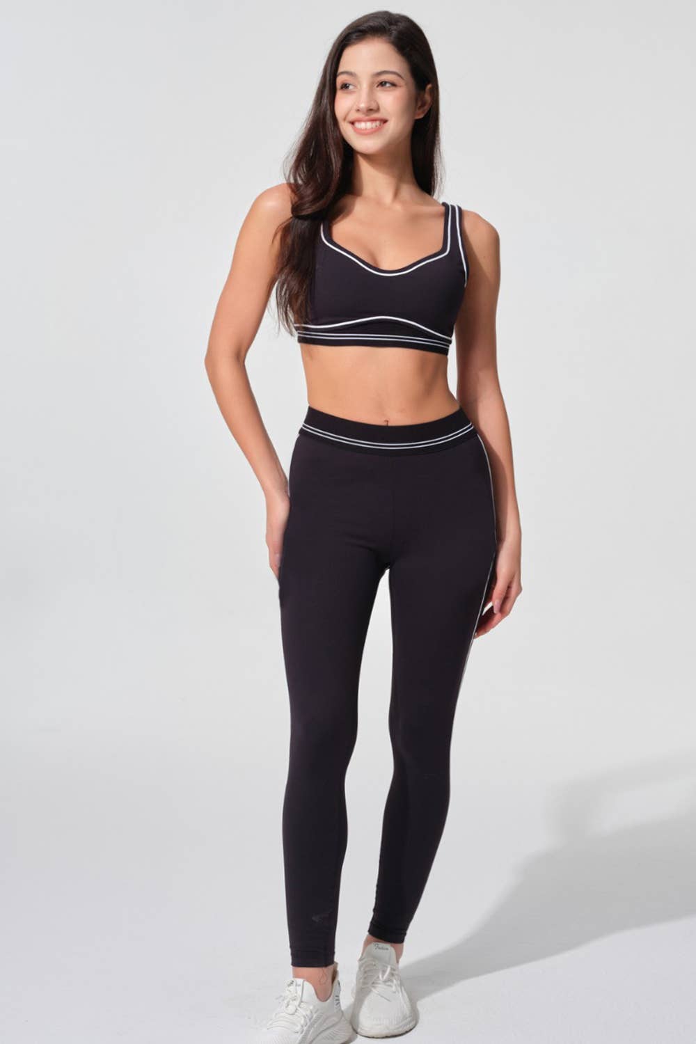 Premium sports bra with matching white trim line legging set: Black