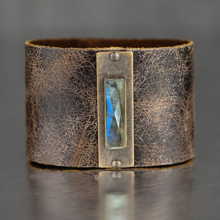 2" Leather Cuff w/ Semi Precious (Weathered Brown): Pyrite
